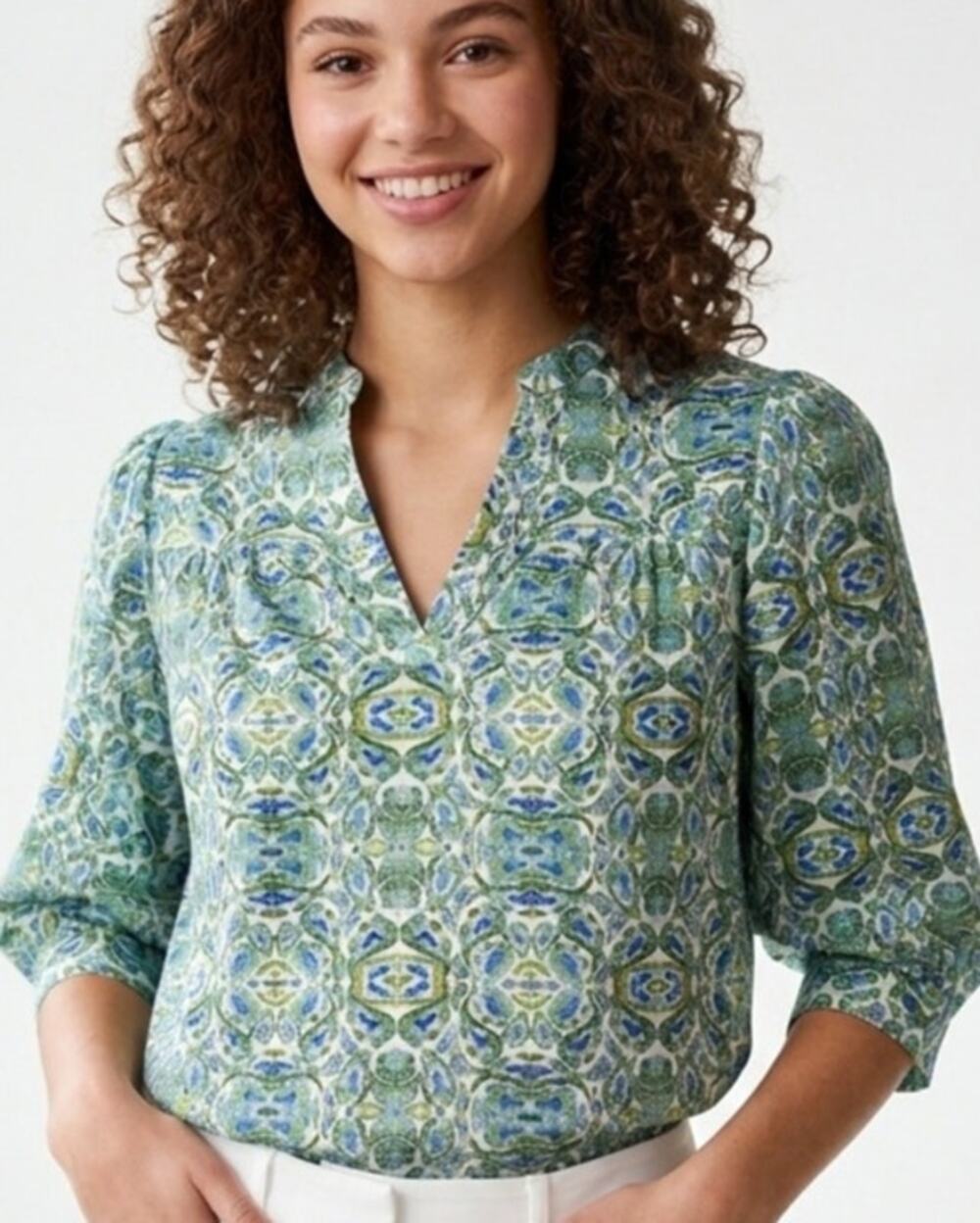 Gorgeous Watercolor/Batik Style Puff Sleeve Blouse by Avara